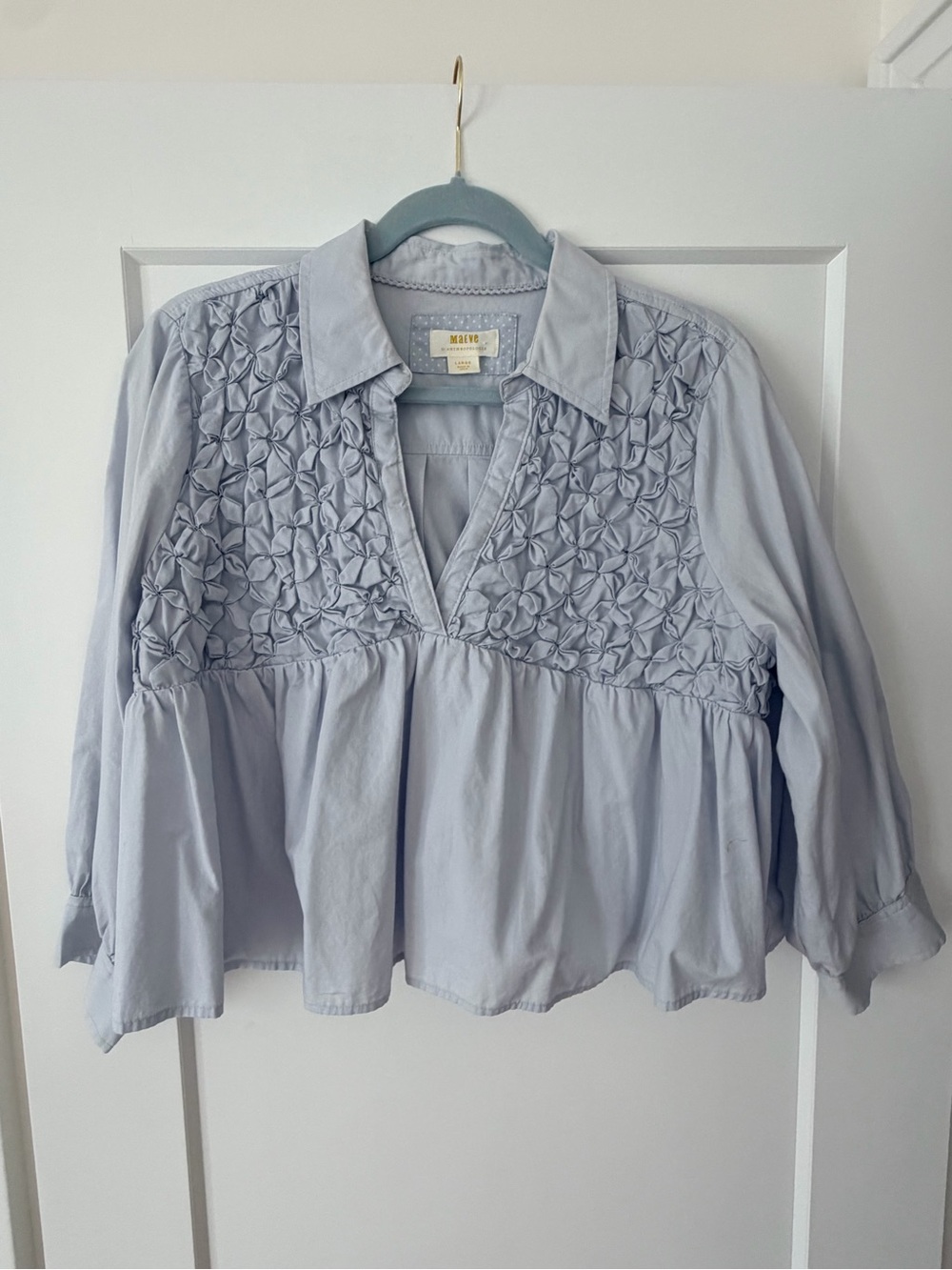 Anthropologie Light Blue Smocked Peasant Button-Down Top
